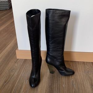 Marc by Marc Jacobs black leather tall boots with grey acrylic lucite lux heel